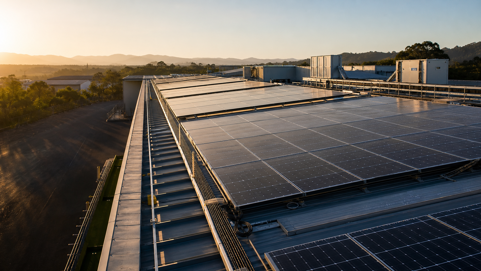 Painéis solares instalados em cobertura industrial sob céu aberto